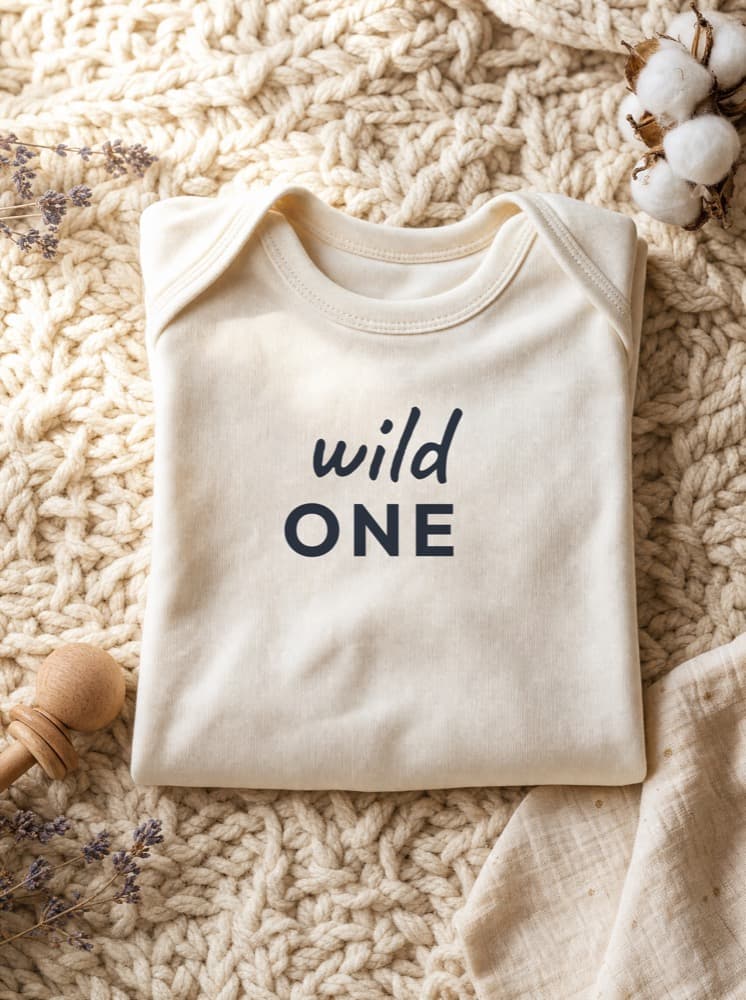 Cream baby onesie with the 'wild one' design from the Collection